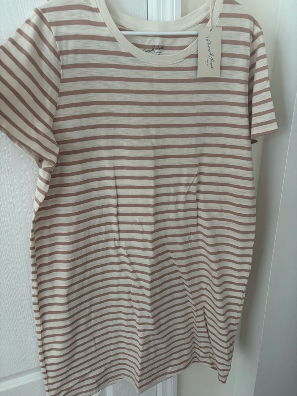 Women's Striped Short-Sleeve T-Shirt Dress Cream & Light Brown